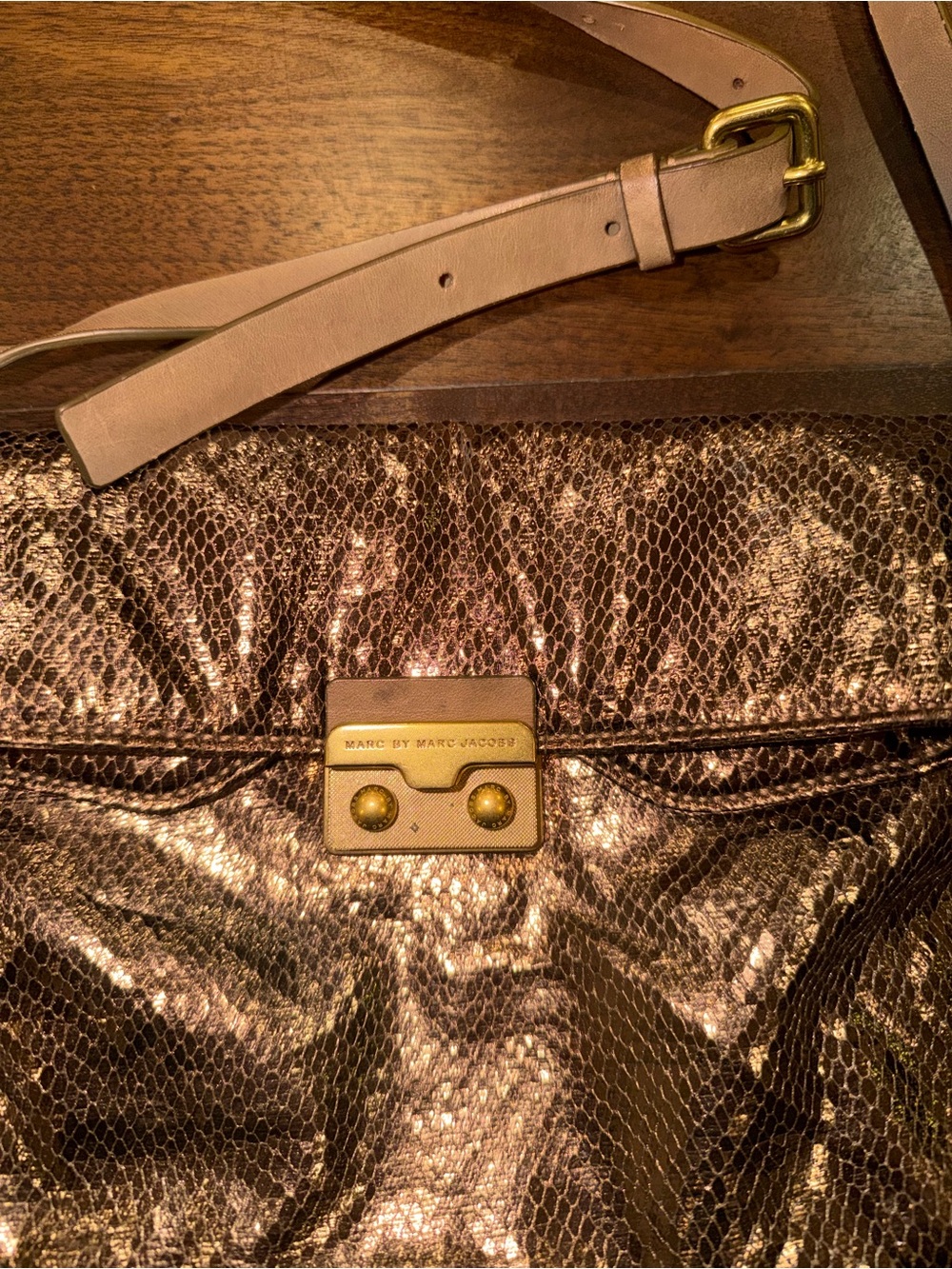 Marc by Marc Jacobs Metallic Bronze Snake-Texture Gold Hardware Crossbody Bag - Picture 3 of 6